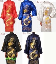 Embroidery Dragon Chinese Silk Men039s Bathrobe Kimono Robe Gown black red blue white Navy top quality40805489814326