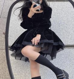 Casual Dresses 2022 Spring Black Velvet Y2k Mini Dress Woman Gothic Kawaii Lolita Party Long Sleeve Korean Fashion Lace Design Sli7613842