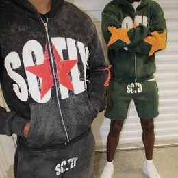 Retro Clothing Men Y2K Graphic Patchwork Short Sets Hip Hop Letter Star Pattern Zip Up Hoodie and Shorts Oversized Tracksuit 240517