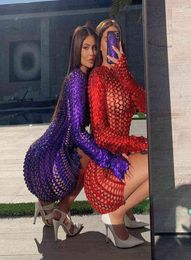 Adogirl Women Sheer Hollow Out Mesh Night Club Party Mini Dress Long Sleeve Bodycon Vestidos Drop Whole Y2204138993148