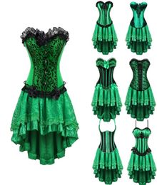 Women Burlesque Corset Skirt Set Club Party Dancing Outfit Green Overbust Corset with Flocked Hilo Skirt Plus Size S6XL Corset D7397838