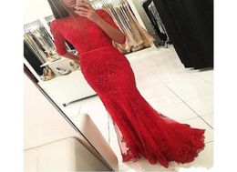 2020 Cheap Red Mermaid Evening Dresses Illusion Tulle Appliques Lace Beaded Half Sleeves Sashes Sweep Train Custom Prom Party Gown5164452