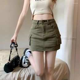 Skirts Summer Fashion Women Street Spicy Girl Denim Cargo Solid Button Pocket Versatile High Waist Anti-glare Mini A-line Skirt