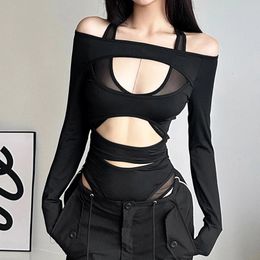 Goth Dark Cyber Y2k Punk Hollow Sexy Tight Clothing Shopping Centre Gothic Bodycon Mesh Transparent T-shirt Womens Long sleeved Sticker Tight Clothing 240517