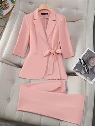 Office Ladies Formal Pant Suit 2 Piece Set Women Pink Yellow White Female Business Work Wear Blazer Jacket And Trouser 240518