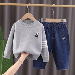 Clothing Sets Baby Boy Boutique 2024 Spring Autumn Casual Cartoon Gray Long Sleeve Sweaters And Jeans Kids Set Toddler Boys Outfits