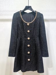 Casual Dresses Inlaid With Diamond Women Single Breasted Tweed Dress Spring 2024 A-Line Long Sleeve O-Neck Mini For Lady