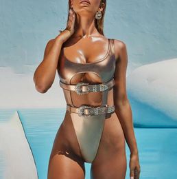One piece swimsuit Hollow out Swimwear Women Bikinis Belted Gold Colour Monokini push up Sexy Trikini High cut Bathing suit W1221807280543