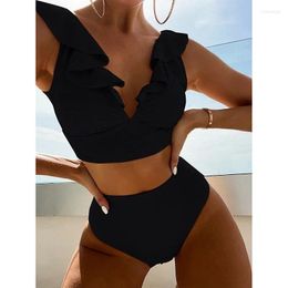 Women's Swimwear Summer Solid Colour Pleated Lace Up Swimsuit Women Sexy Deep V Pool Party Beach