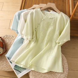 Women's Blouses Chinese Style Embroidery Cotton Linen Blouse Women Plus Size Summer Fashion Chic Literary Elegant Retro Sweet Casual Shirt