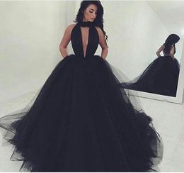 Sexy Halter Plunging Neckline Prom Dresses Long Sweep Tulle Open Back Vestidos De Novia Sleeveless Black Formal Evening Gowns8437636