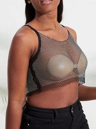 Women's Tanks Fashion Womens Fishnet Crop Tops Slim Fit Scoop Neck See Through Hollow Out Rhinestone Sparkle Camisole For Party Club