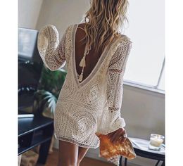 Casual Dresses Jastie Backless White Embroidered Lace Dress For Women Boho Beach Short Deep VNeckline Sexy Mini Female Vestidos7792471