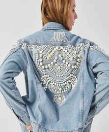 Pearls Embellished Denim Jacket for Women Light Blue Vintage Jacket Coat Bead Embroidery Autumn Winter Outwear 211148127724