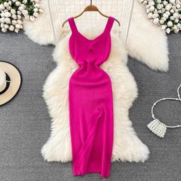 Casual Dresses V-neck Knitted Girl Sexy Tight-fitting And Thin Slit Bag Hip Bottoming Dress