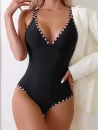 Women's Swimwear Striped Bordered Bikini Plus Size Swimsuit V-neck Black Trend One-piece Women Brazilian Beach Bathing Suit Bikinis Sets