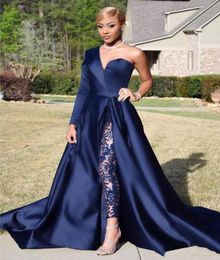 Dark Navy Two Pieces Evening Dresses One Shoulder Long Sleeve Side Split Sequined Prom Gowns Pants Jumpsuits A Line Plus Size Form8932186