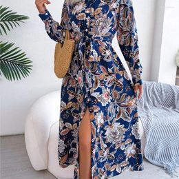 Casual Dresses Autumn And Winter Women's Fashion Retro Flower Polo Cardigan Lace Up One Step Dress Long 2024