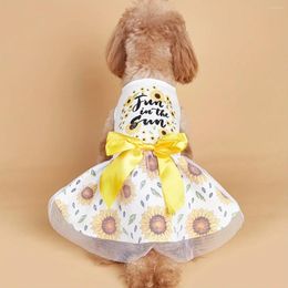 Dog Apparel Dress Girl Sleeveless Clothes Sunflower Printed Pet Bowknot Cat Clothing Puppy Dresses Costume Attire