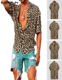 Summer Short Sve Leopard Print Shirt Men Lapel Neck Loose Button Up Blouse Breathable Streetwear Sexy Shirts Men INCERUN 20222865037