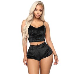 Women Sexy Velvet 2 Piece Sets Romper Outfit Spaghetti Strap Crop Top Suit Camisole and Shorts Bottom Sleepwear Pyjama Set7728100