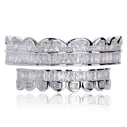 Bling Gold Plated Iced Out CZ Mouth Teeth Grillz Caps Top Bottom Grill Set Men Women Vampire Grills Rock Punk Rapper Accessories for Men Hiphop jewelry
