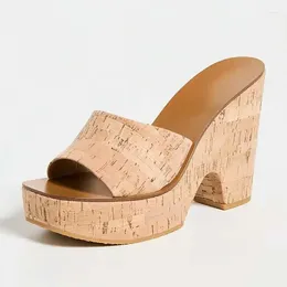 Dress Shoes Nude Open Square Toe Platform Cork Wedge Sandals Mule Heels