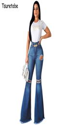 Tsuretobe Fashion Denim Ripped Flare Pants Women Vintage High Waist Flare Jeans Casual BellBottoms Pant Boot Cut Trousers Femal 28881257