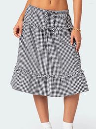Skirts Women Flowy Midi Elegant High Waist Plaid Print Frill Trim Loose A-Line Vintage Y2K Streetwear Fall Spring Clothes