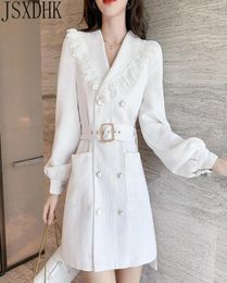 Casual Dresses Temperament OL Short White Tweed Dress 2021 Autumn Lace Trim Notched Double Breasted Lantern Sleeve Blazer Women6395187