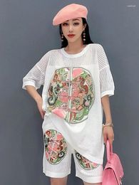 Women's Tracksuits Vefadisa 2024 Summer White Ladies Sets Chinese Style Mesh Patchwork Printing T-shirt And Shorts 2-piece HLX288