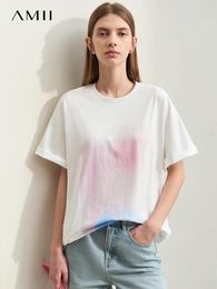 Women's T Shirts Amii Minimalism 2024 T-shirts For Women Summer Casual Round Neck Abstract Printing Cotton Loose Tops Female Clothes