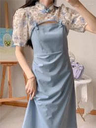 Work Dresses Midi Dress Set Women Elegant Summer 2024 Chinese Style Print And Shawl Design Ladies Vestidos Blue Female