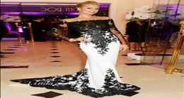 White And Black Colour Trumpet Mermaid Strapless Long Sheer Sleeves Applique Sweep Brush Train Long Women Gown Evening Dresses9004647