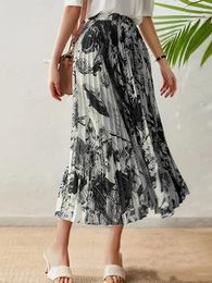 Skirts Ink Print Pleated High Waist Loose Fashion Spring & Summer Midi Women's Clothing