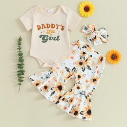 Clothing Sets Summer Born Baby Girls 0-18M Letter Print Short Sleeve O-neck Bodysuits Flower Flare Pants Headband Outfits
