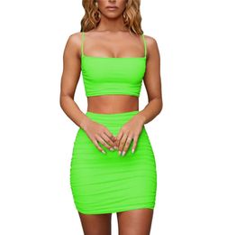 Neon Green Backless Ruched Dress Two Piece Set Club Outfits Sexy Summer Spaghetti Strap Crop Top And Mini Skirt Set1966323