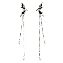 Stud Earrings Model Full Of Diamonds Long Tassels High-end Pearls Without Pierced Ears Black Butterfly Personality Simple And Versatil
