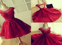 Red Applique Lace Short Prom Dresses Knee Length Jewel Cap Sleeves Cheap Party Evening Wear Modest Hollow Homecoming Gown 20196668623