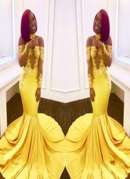 Beautiful Mermaid Arabic Evening Dresses Sheer Long Sleeve Yellow Lace Plus Size 2018 Saudi African Prom Party Women Gowns Formal 4138835