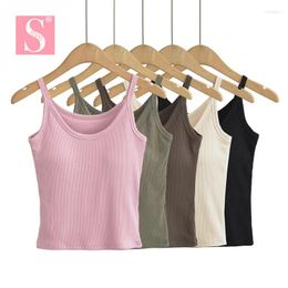 Women's Tanks STVY 2024 Spring Summer Women Sexy With Chest Pads Tops Ladies Solid Rib Cotton U-neck Bra Crop 5 Colors