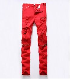 2016 New Red Ripped Knee Hole Club Jeans Men Famous Brand Slim Fit Cut Destroyed Torn Jean Pants For Male Homme4322005
