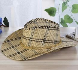 Men Plaid Straw Cowboy Hat With Rope Women Wild Brim Western Cap Chin Strap Cowgirl Sun Hats Summer Unisex Caps UV Protection1636875