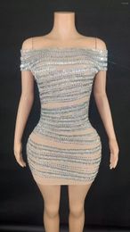 Skirts Sparkly Rhinestones Short Dress For Women Sexy Off- Shoulder See Through Evening Celebrate Birthday Po Shoot Stage Wear