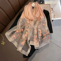 Scarves 2024 Summer Long Silk Wool Scarf Shawl Wraps Female Fashion Beach Stoles Hijab Pashmina Bufanda Ladies Folral Embroidery
