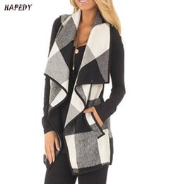 Autumn Office Ladies Vest Sleeveless Turn Down Neck Open Front Jacket Cheque Plaid Cardigan Casual Women Long Waistcoat CA69991143889