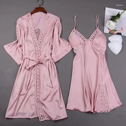 Home Clothing Bridal 2 PCS Robe Gown Sets Pink Lace Woman Silky Sleep Kimono Sleepwear Sexy Summer Bathrobe Nightdress Wear Nightgown
