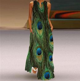 Casual Dresses Summer Ladies Elegant Party Retro Peacock Feather Long Dress Fashion Printed Flowers Sleeveless2155300