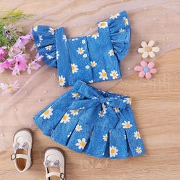 Clothing Sets Kids Girl 2 Piece Outfit Floral Ruffle Front Button Tops Pleated Skirt With Belt Set For Toddler Summer Fashion Clothes