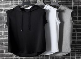 Men039s Casual Vest Cotton Bodybuilding Tank Tops Streets Workout Sweatshirts Sleeveless Hoody Male Solid Hoodied Top with Cap 1488777